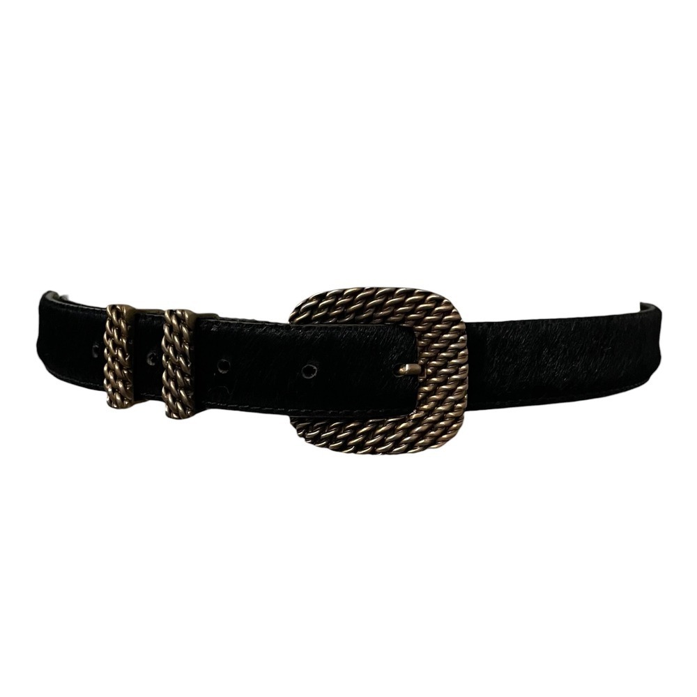 Karen Callan Black Pony Hair Leather Belt Copper-Colored Buckle Size M